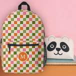 Niedliche Retro-Karton-Monogramm rosa orangefarben Bedruckter Rucksack<br><div class="desc">Dieser elegante, individuell gestaltete Rucksack ist mit einem Schachbrettmuster in Retrotönen in Rosa, Orange und Oliven-Grüntöne ausgestattet. Eine erste Textvorlage für Monogramm ist dabei enthalten. Verwenden Sie sie, um Ihren Rucksack zu personalisieren oder ihn und den Kreis zu entfernen, wenn Sie kein Monogramm bevorzugen. Dieser niedliche, farbenfrohe Rucksack ist perfekt...</div>