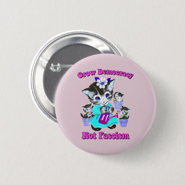 Niedliche Retro Kätzchen - Demokratie wachsen und  Button (Vorne & Hinten)