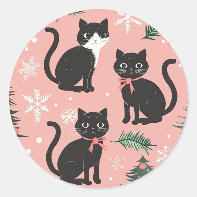 Niedliche Retro-Katzen auf rosa Weihnachten Runder Aufkleber (Vorderseite)