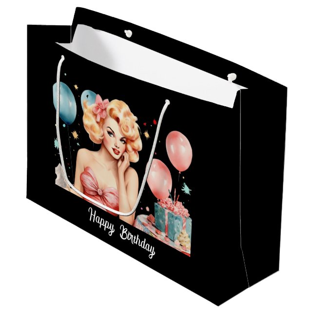 Niedliche Retro Lady Happy Birthday individuell an Große Geschenktüte (Vorderseite Schrägansicht)