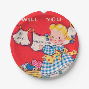 Niedliche retro Mädchen Valentine-Partyplatte Pappteller