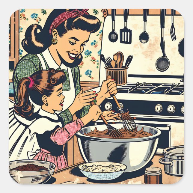 Niedliche Retro-Mama und Einzelbacken Quadratischer Aufkleber (Vorderseite)