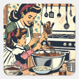 Niedliche Retro-Mama und Einzelbacken Quadratischer Aufkleber