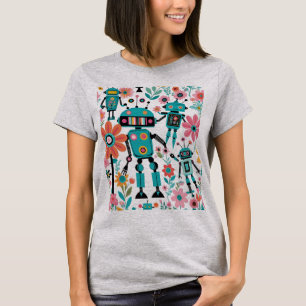 Niedliche Retro-Roboter und -Blume T-Shirt