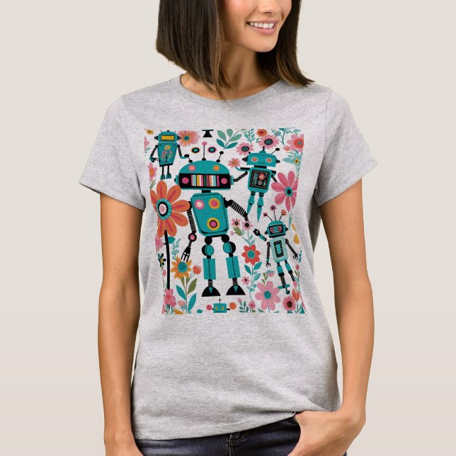 Niedliche Retro-Roboter und -Blume T-Shirt (Vorderseite)