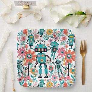 Niedliche Retro-Roboter und rosa Blume Pappteller
