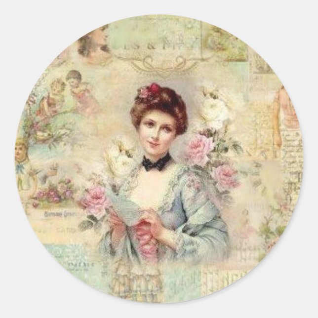 Niedliche Retro-Viktorianische Frau mit Rose Runder Aufkleber (Vorderseite)