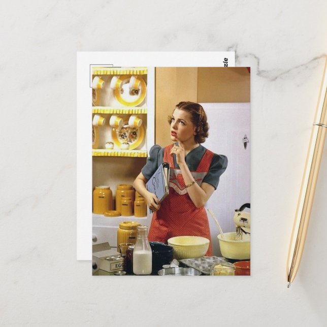 niedliche Retro-Vintage Küchendame Postkarte (Vorderseite/Rückseite Beispiel)