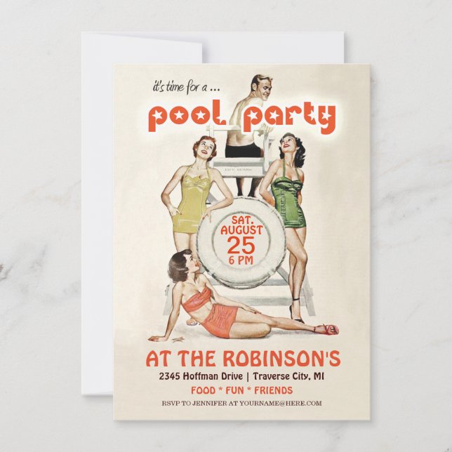 Niedliche Retro-Vintage Pool-Party Einladung (Vorderseite)