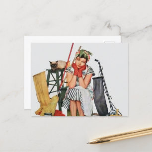 niedliche Retro-Vintage Reinigungsfrau Postkarte