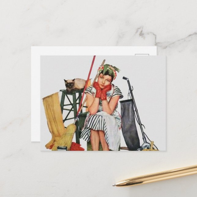 niedliche Retro-Vintage Reinigungsfrau Postkarte (Vorderseite/Rückseite Beispiel)