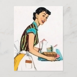 Niedliche Retro Vintage Servierdame Postkarte