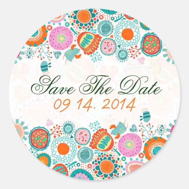 Niedliche Retro-Vögel und Blume Save the Date Runder Aufkleber (Vorderseite)