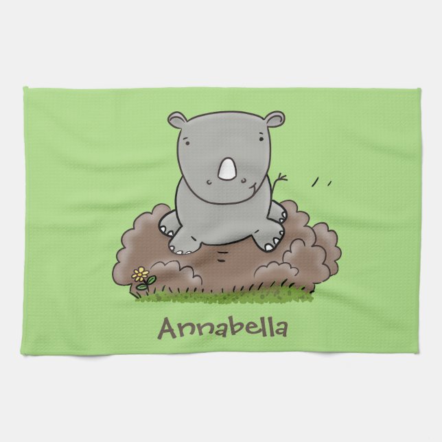 Niedliche Rhino-Cartoon-Abbildung Geschirrtuch (Horizontal)