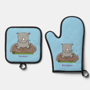 Niedliche Rhino-Cartoon-Abbildung Ofenhandschuh & Topflappen-Set