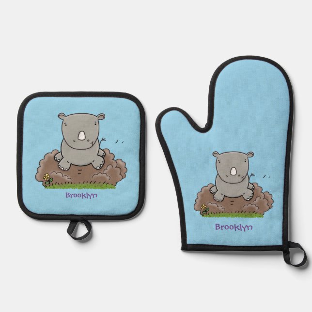 Niedliche Rhino-Cartoon-Abbildung Ofenhandschuh & Topflappen-Set (Vorderseite)