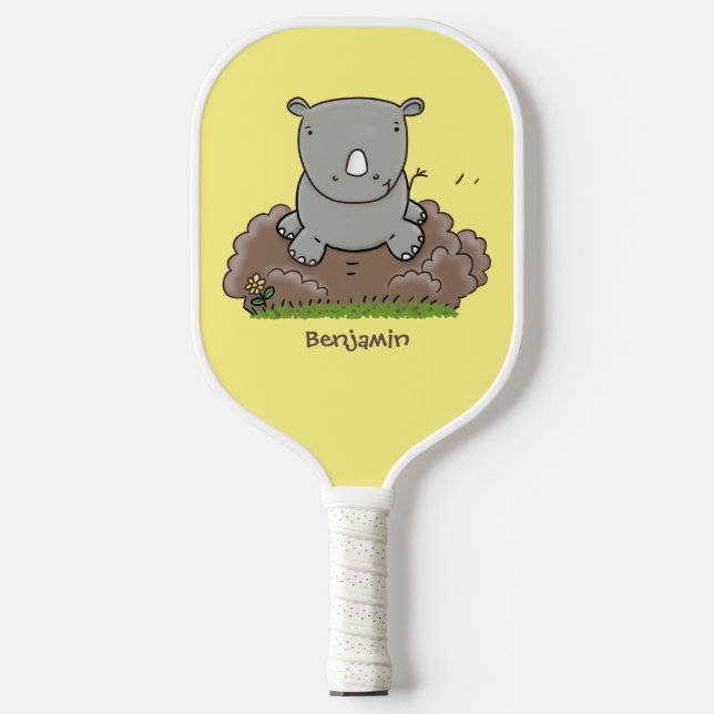 Niedliche Rhino-Cartoon-Abbildung Pickleball Schläger (Vorderseite)