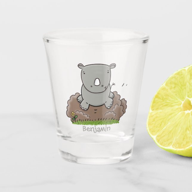 Niedliche Rhino-Cartoon-Abbildung Schnapsglas (Vorderseite)