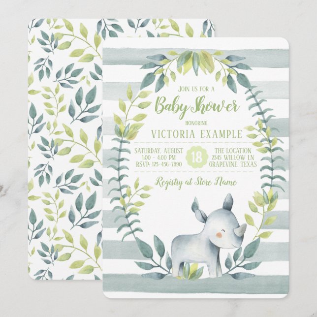 Niedliche Rhinoceros Kinderdusche Einladungen (Vorne/Hinten)