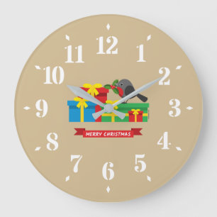Niedliche Robin und die vier farbenfrohen Geschenk Große Wanduhr