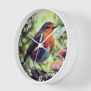 Niedliche Robin unter Bäumen, Blume und Naturweiß Uhr