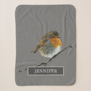 Niedliche Robin-Vogelfamilie mit Monogramm grau Sherpadecke