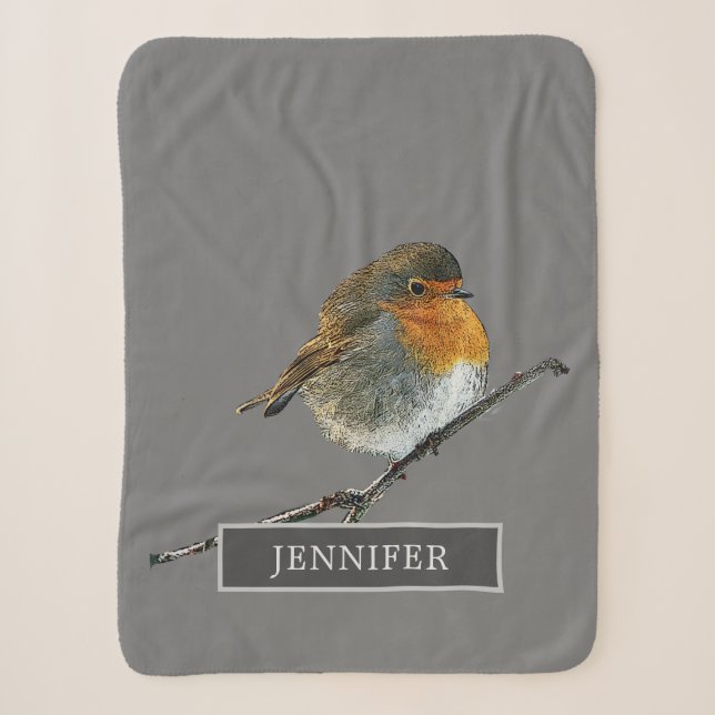 Niedliche Robin-Vogelfamilie mit Monogramm grau Sherpadecke (Vorderseite)