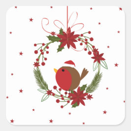 Niedliche Robin Weihnachtskranz-Dekoration Quadratischer Aufkleber