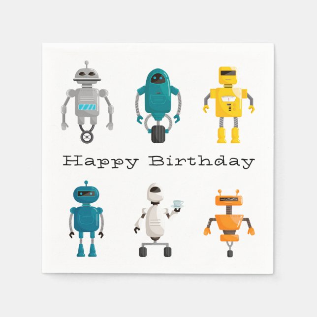 Niedliche Roboter Droids glücklich Geburtstag Serviette (Vorderseite)