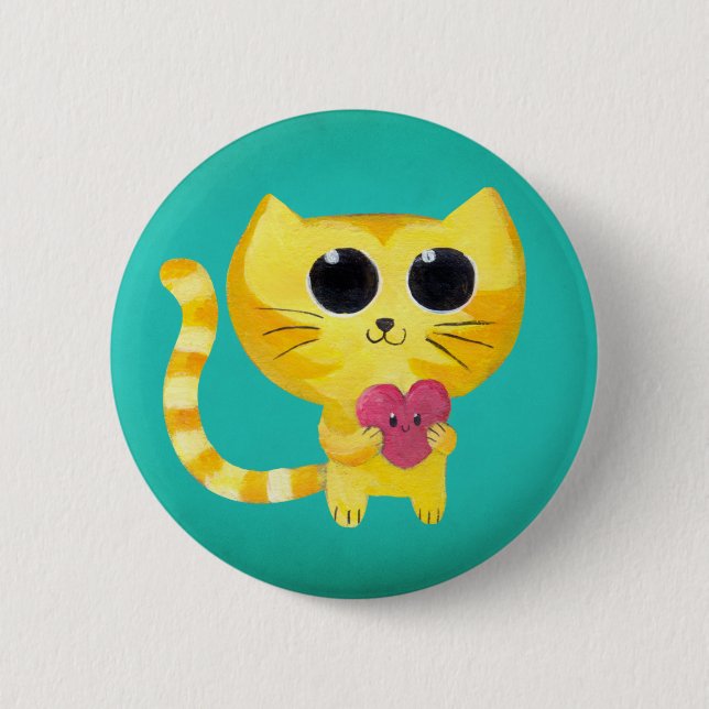 Niedliche romantische Katze mit lächelndem Herzen Button (Vorderseite)