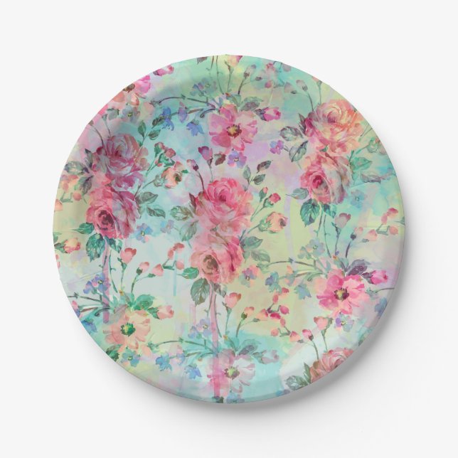 Niedliche romantische Rose mit Blumenfarbe Wasserf Pappteller (Vorderseite)