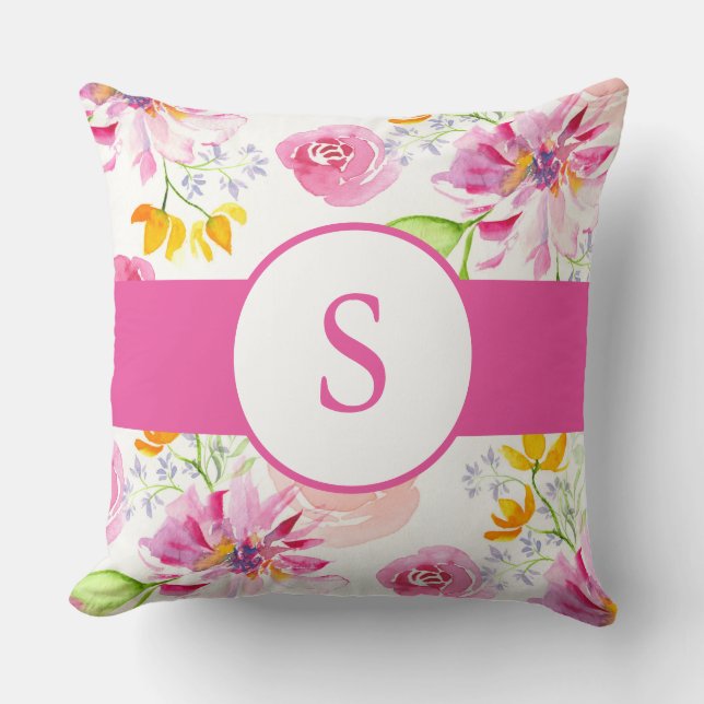 Niedliche rosa Aquarellfarben-Blume und Monogramm Kissen (Vorderseite)