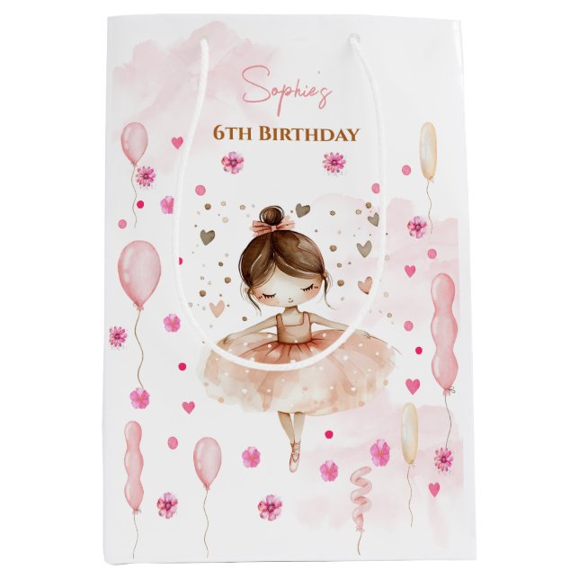 Niedliche rosa Ballerina und Ballons Geburtstag Mittlere Geschenktüte (Vorderseite)