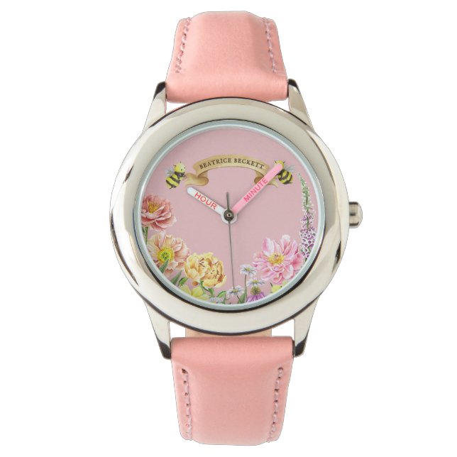 Niedliche Rosa Biene und Wildblume Mädchen Geburts Armbanduhr (Vorderseite)