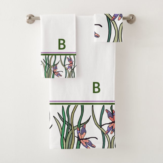 Niedliche Rosa blaue Libellen und grüne Blätter Badhandtuch Set (Insitu)