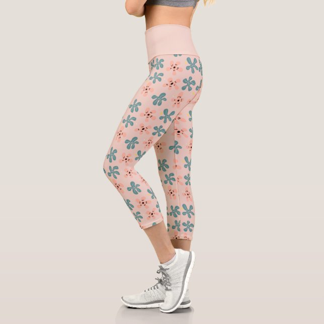 Niedliche rosa Blume Doodle Muster Capri Leggings (Links)