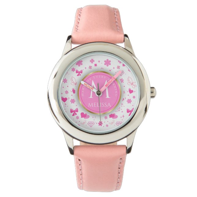 Niedliche rosa Blume Muster, Girly Floral Design Armbanduhr (Vorderseite)