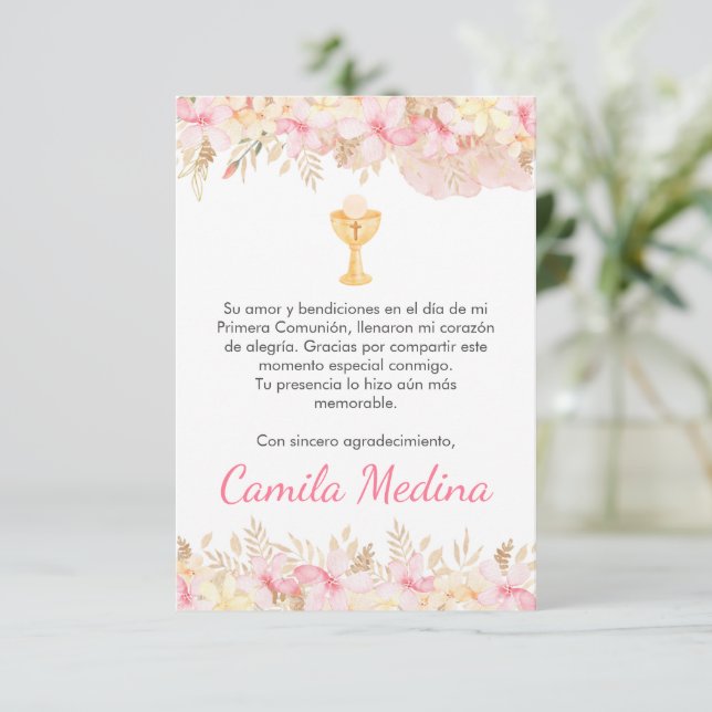 Niedliche rosa Blume und Kalice Erste Kommune Dankeskarte (Stehend Vorderseite)