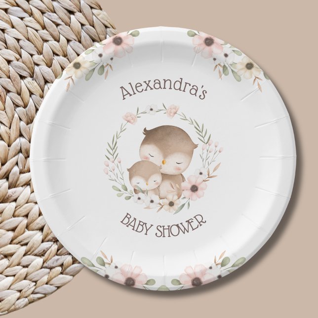 Niedliche Rosa Blume Woodland Owl Babydusche Pappteller (Von Creator hochgeladen)