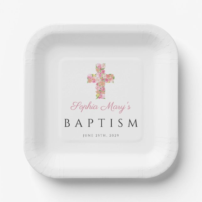 Niedliche rosa Blumenkreuz Religiöse Taufe Pappteller (Vorderseite)