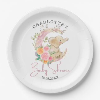 Niedliche Rosa Blumenmoon Girl Elephant Babydusche Pappteller