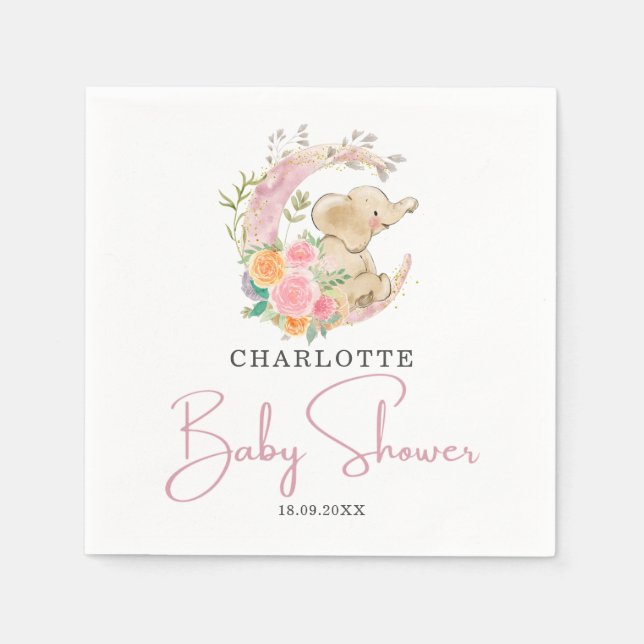 Niedliche Rosa Blumenmoon Girl Elephant Babydusche Serviette (Vorderseite)
