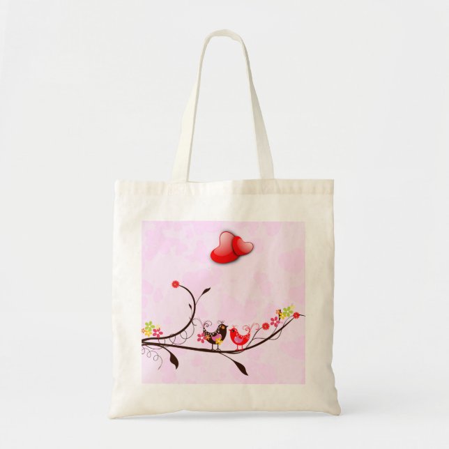 Niedliche Rosa Braune und Rote Valentine Vögel lie Tragetasche (Vorne)