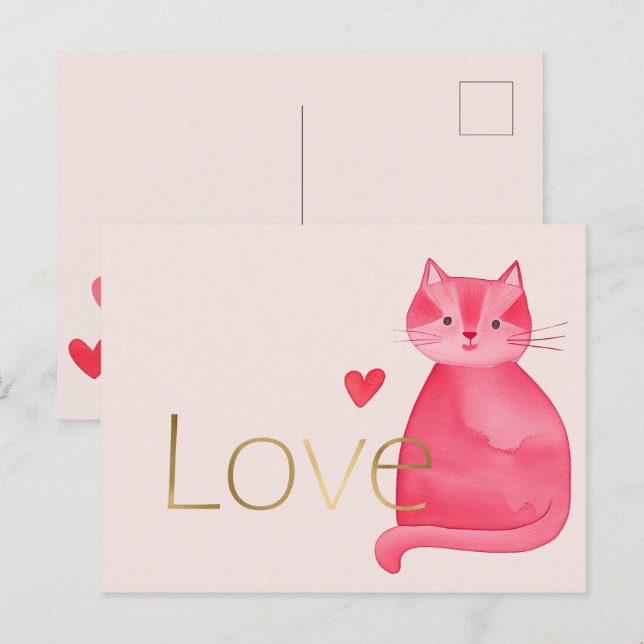 Niedliche Rosa Cat Hearts Gold Liebe Postkarte (Vorne/Hinten)