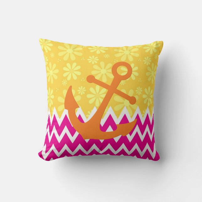 Niedliche rosa Chevronen mit Girly Orange Anker Kissen (Vorderseite)