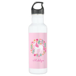 Niedliche Rosa Einhorn-Blume Personalisiert Name Edelstahlflasche
