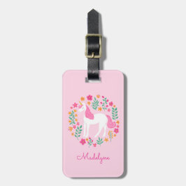 Niedliche Rosa Einhorn-Blume Personalisiert Name Gepäckanhänger