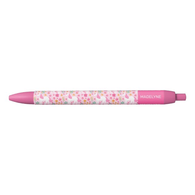Niedliche Rosa Einhorn-Blume Personalisiert Name Kugelschreiber (Vorderseite)