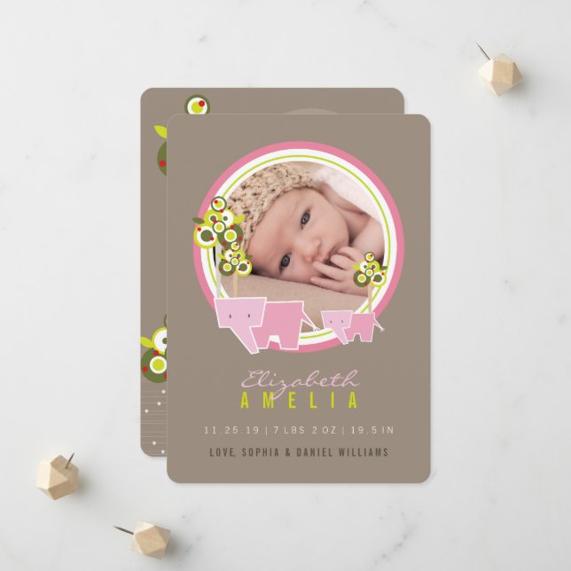 Niedliche rosa Elefanten Familienjunges Mädchen Fo Ankündigung (Vorderseite/Rückseite Beispiel)