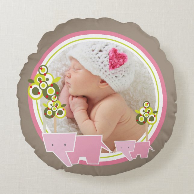 Niedliche Rosa Elefanten Forest Baby Girl Foto Rundes Kissen (Vorderseite)